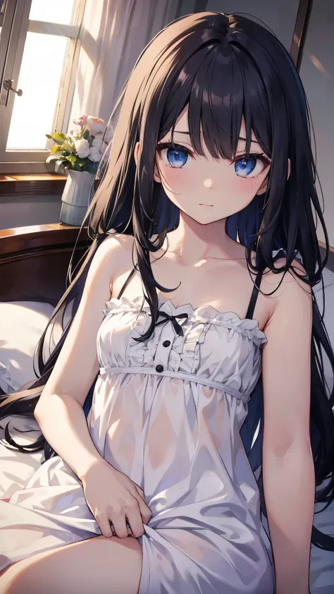  best quality、 black hair、(Whitening skin)、Baby Face, blue eyes、 long hair, straight hair、Petite、Slanted Eyes、Teary-eyed、 slender、 small breasts、、Mansion、 slender,bedroom, lie on the bed,,Princess, Nightdress,Sweaty