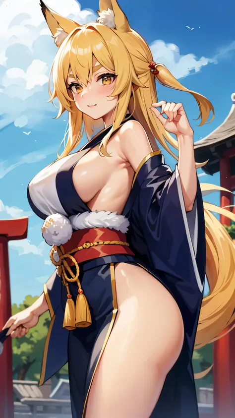 japanese clothes,  long hair, sideboob,  animal ears ,  Big Breasts ,  sleeve removed,  fox ears,  blonde hair , kimono, sleeveless kimono,  Hair Covering One Eye,   eyes ,  thick eyebrows,  yellow eyes, beautiful, masterpiece, cute girl, young girl, beaut...