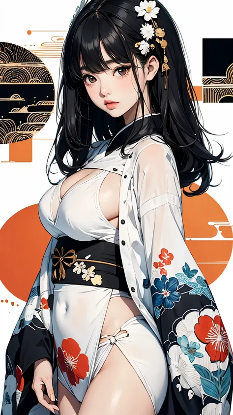 ((Highly detailed CG unit 8k wallpaper, masterpiece, High resolution, highest quality, highest qualityのリアルテクスチャスキン)), ((very beautiful woman, Nana Komatsu, a seductive look, plump lips, Posing like a model:1.5, upper part of the body, Japanese pattern haor...