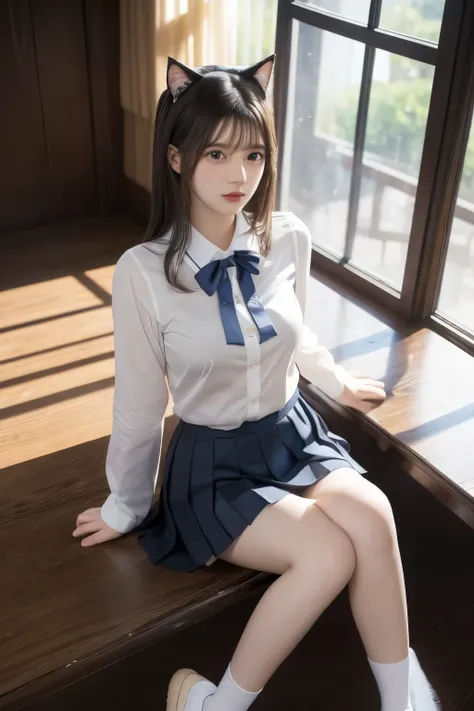 Masterpiece, 8k, Bokeh, beautiful face, (multiple girls:1.4), Harem, group photo, (Cat ears:1.3), (school uniform:1.2),(blouse, check ribbon,Pleated skirt, Black ankle socks:1.3), (Plump breast:1.1), Looking at the viewer, (Bite a Banana:1.3),Sunshine ro...