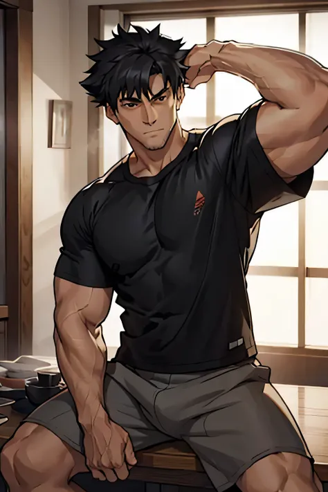 Kiritsugu is sitting and flexing his biceps. He is wearing a black tshirt with short sleeves. The right sleeve is completely rolled up, so you can see his entire arm. He wears black short boxershorts. You can see his thighs completely. He has a huge bulge....