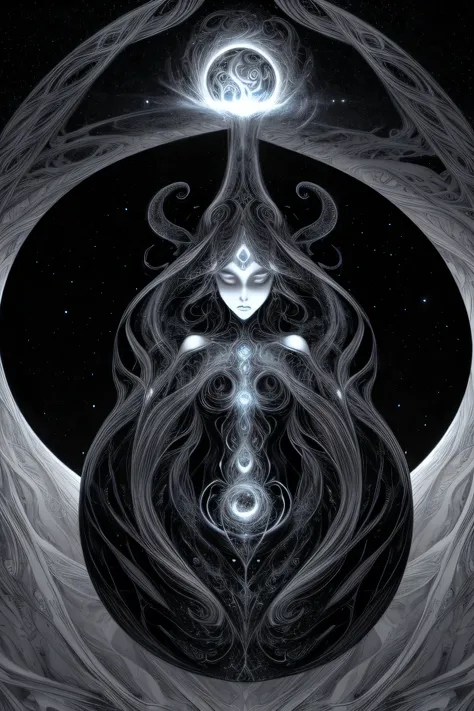 A mesmerizing, surreal depiction of a cosmic void centered around a black sphere, dividing the scene into two mirrored, swirling patterns. The left side features flowing, dark, intricate tendrils that curl and spiral inward, while the right side mirrors th...