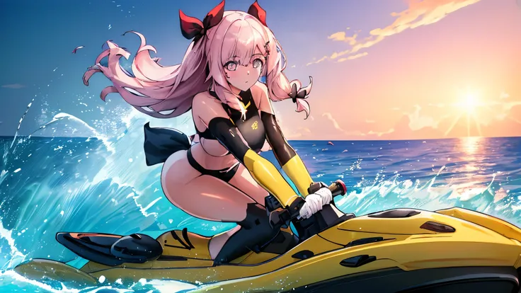 (masterpiece, best quality), (High reality photograph), (riding on a yellow personal watercraft:1.4), (8k:1.2), high resolusion, (detailed face:1.4), (detailed eyes:1.3), (1girl:1.2), (solo:1.4), nacht,hair bow,hair ornament,hairclip,pink eyes,pink hair, s...