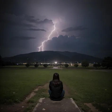 A  who is sitting next to a withered tree and is looking sadly at a city of darkness and sadness when a lightning strikes this city.