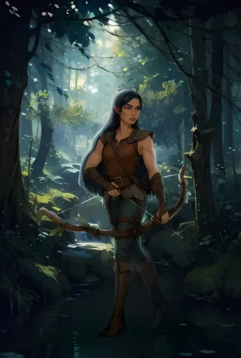 A full image of beautiful muscular woman archer, wearing leather, carrying a bow. serene forest, slightly bluish hue, very beautiful. Soft, whimsical forest as a background with a teal hue. DND artstyle, not realisitc, artistic、high definition detail、hyper...