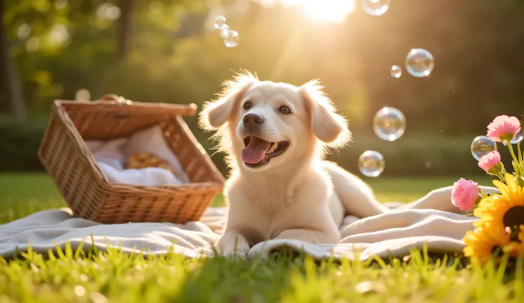 Imagine a little cute dog enjoying a picnic in a beautiful garden, joyfully surrounded by sparkling bubbles. The image should be hyper-realistic, with a resolution close to 8K, capturing every detail of the dog, the bubbles, and the flowers. Sunlight filte...