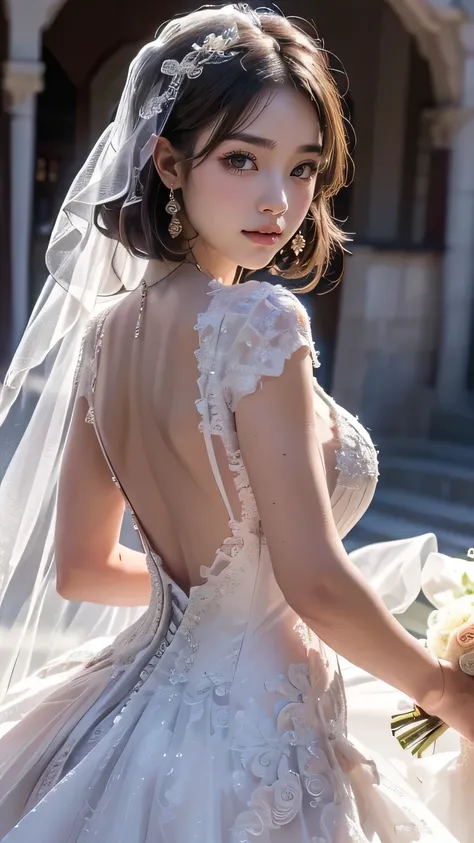 (((  best quality))), ((masterpiece)), (   Details),(((( Front Shot )))), ((alone)),( ((((girl wearing a wedding dress))))), (((  Big Breasts , Clevis, big butt  ,Wide ass,Round and soft ass, Tight Thighs ,Slim waist,細身の体))), ((  GROWING SKIN,  white skin,...