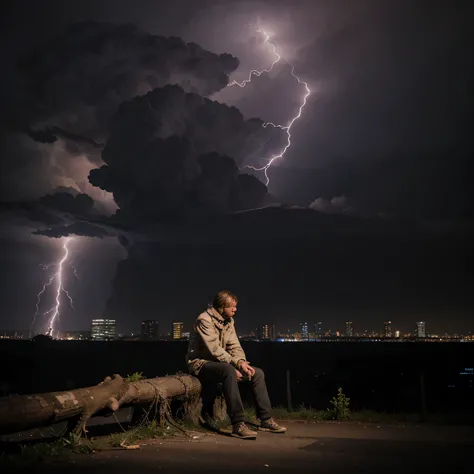 A  who is sitting next to a withered tree and is looking sadly at a city of darkness and sadness when a lightning strikes this city. A men 