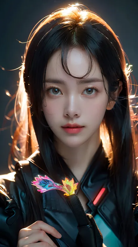 (masterpiece, highest quality, highest quality, Official Art, beautifully, aesthetic:1.2), Staring at the viewer, Portrait Photography, (Cyberpunk beautiful girl 1 person), Big iridescent eyes, Beautiful skin, (Pink and blue long hair with bangs), Very det...