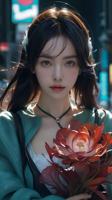(masterpiece, highest quality, highest quality, Official Art, beautifully, aesthetic:1.2), Staring at the viewer, Portrait Photography, (Cyberpunk beautiful girl 1 person), Big iridescent eyes, Beautiful skin, (Pink and blue long hair with bangs), Very det...