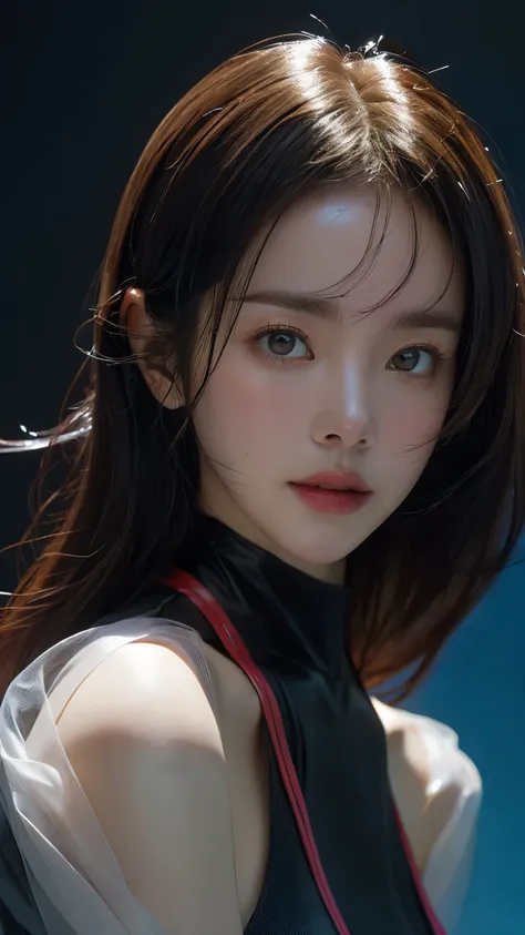 (masterpiece, highest quality, highest quality, Official Art, beautifully, aesthetic:1.2), Staring at the viewer, Portrait Photography, (Cyberpunk beautiful girl 1 person), Big iridescent eyes, Beautiful skin, (Pink and blue long hair with bangs), Very det...