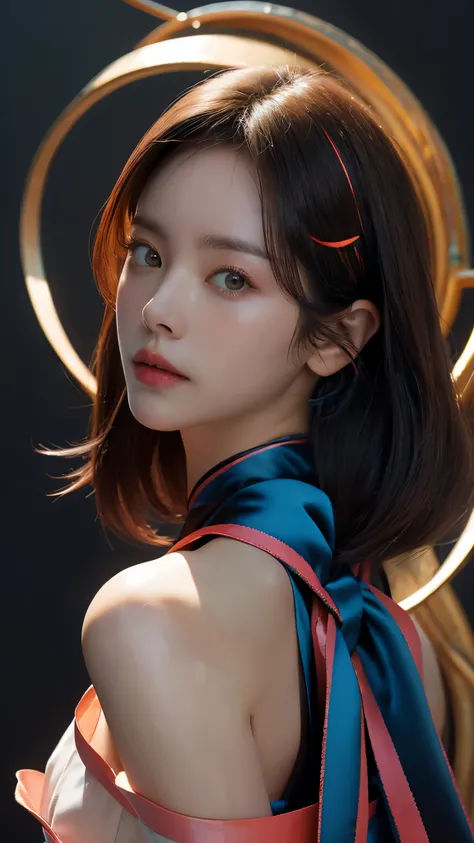 (masterpiece, highest quality, highest quality, Official Art, beautifully, aesthetic:1.2), Staring at the viewer, Portrait Photography, (Cyberpunk beautiful girl 1 person), Big iridescent eyes, Beautiful skin, (Pink and blue long hair with bangs), Very det...