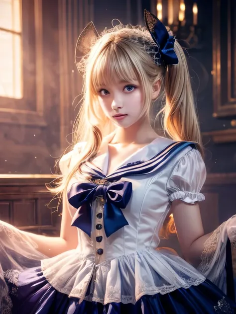 ( 1 girl,),Sailor suit, twin tails,Silky Blonde Hair, Organza Lace,Gorgeous and elaborate clothes,Uniforms decorated with lace, ( colorful ),  Gradient Blend,  Motion Blur,  Sparkling Textures , Dynamic Configuration,  atmospheric perspective ,  impressive...