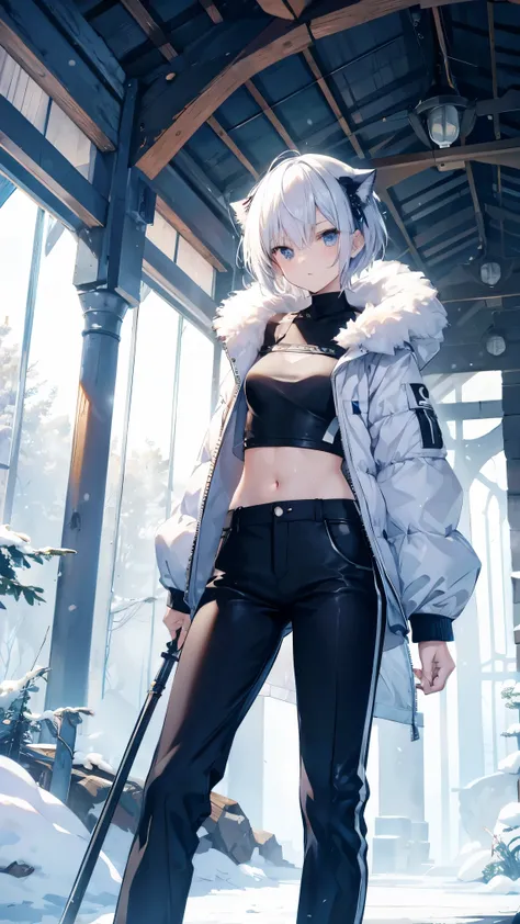  best quality、 Silver Hair、(Whitening skin)、 sky blue eyes、 very short hair ,Short Hair, straight hair、Petite、Cat Eyes、 slender、Sweaty、 Tube Top,Best,fur, slender、forest、pants,Snow Scene,snow pattern , boyish,