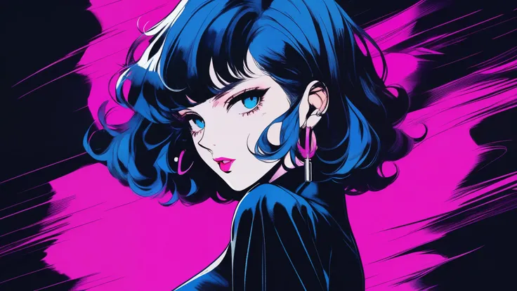 1girl, detailed beautiful lips, black dress, custom dress, neon blue hair, textured cropping, retro classic style, noir dark art, sketch book, bob cut black hair:1.75, neon:1.32, bad woman, dark shadows, illustrator, anime, dark monochrome background, stri...