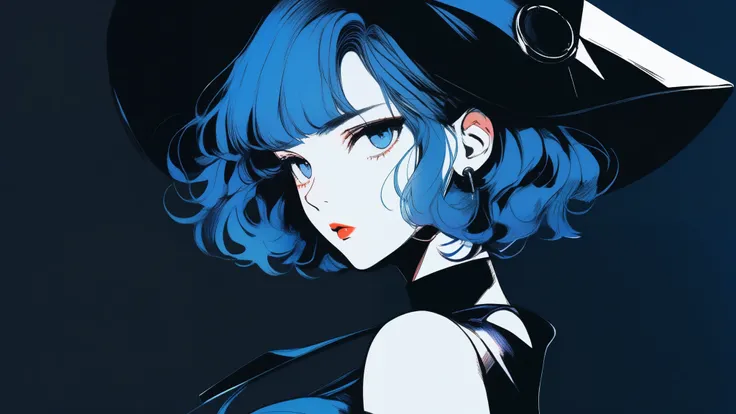 1girl, detailed beautiful lips, black dress, custom dress, neon blue hair, textured cropping, retro classic style, noir dark art, sketch book, bob cut black hair:1.75, neon:1.32, bad woman, dark shadows, illustrator, anime, dark monochrome background, stri...