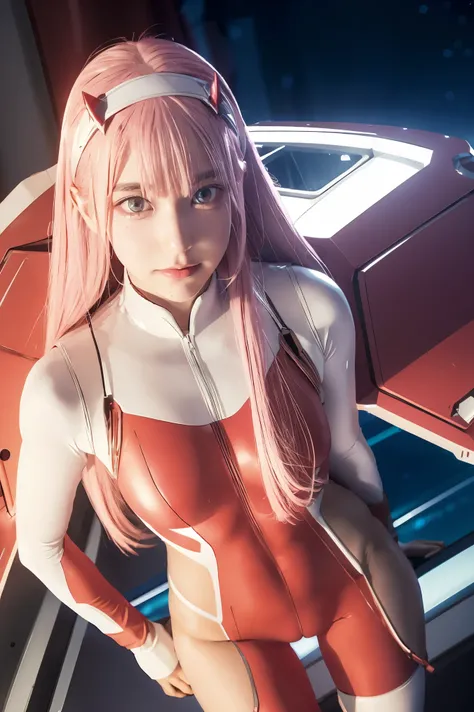 dynamic angle,ultra-detailed, illustration, straight on, 1girl, ((Zero two, interface headband with a pair of horns, red bodysuit:1.4, pink hair)), Her eyes shone like dreamy stars,(glowing eyes:1.233),(beautiful and detailed eyes:1.1),(expressionless, clo...