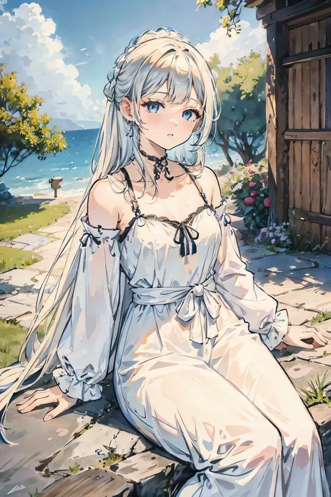  White hair up to the waist,  Clear eyes like the sea . clear skin, Medieval nightwear ,  sitting in the garden, My hair is hanging out for a long time.