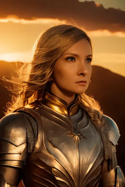 Galadriel, inspired by the series "The Rings of Power", (((L4L4 face))), in a majestic pose at the center of the scene , wearing shimmering armor and elven details, with its blond hair flowing under a golden light . The background shows an epic landsca...