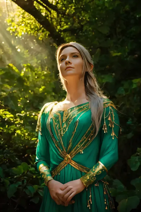 Galadriel, a radiant elven queen, standing gracefully in a magical elven forest bathed in soft, ethereal light. She is wearing a flowing green dress adorned with intricate golden embroidery, reminiscent of delicate vines and leaves, perfectly complementing...