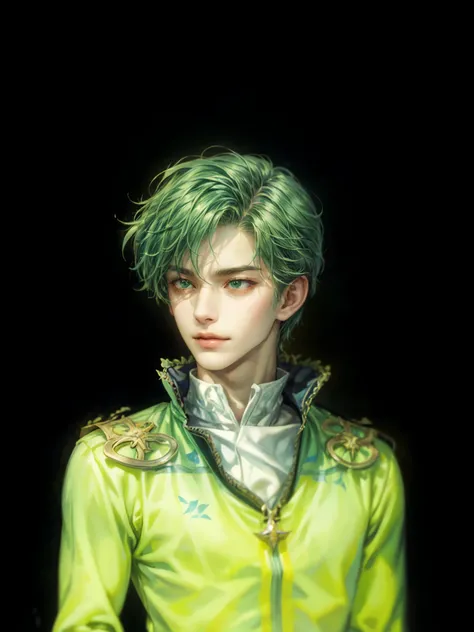 (absurdres, highres, ultra detailed, HDR), masterpiece, perfect face, detailed face, intricate details, extremely detailed character profile, best quality close-up picture, fire emblem character, rpg, royal prince outfit, obsidian eyes, green hair, kpop bo...