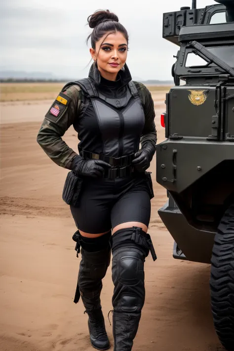 Full body photo of 50YO MATURE MILF AISHWARYA RAI as ARMY MILF SOLDIER, WEARING (((FULL BLACK ARMY GEAR))), ((((DARK SMOKY EYE MAKEUP AND FALSE EYELASHES)))), COMBAT BOOTS, COMBAT GLOVES, KNEEPADS, CAMO PLATE CARRIER RIG, intricate details, POSING next to ...