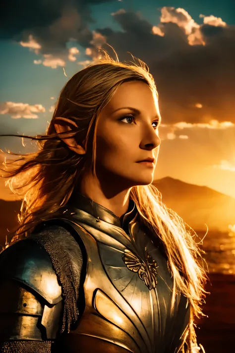 Galadriel, inspired by the series "The Rings of Power", (((L4L4 face))),  in a majestic pose at the center of the scene ,  wearing shimmering armor and elven details,  with its blond hair flowing under a golden light .  The background shows an epic landsca...