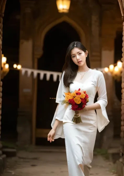 beautiful 25 year old  woman。she is wearing a summer myanmar wedding dress. she is walking and her legs crossed and one leg is v...