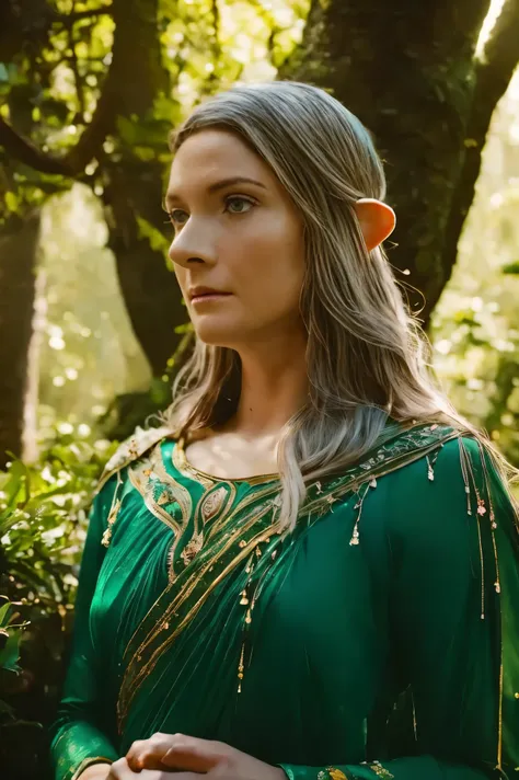 ((Close-up face portrait)). Galadriel, a radiant elven queen, standing gracefully in a magical elven forest bathed in soft, ethereal light. She is wearing a flowing green dress adorned with intricate golden embroidery, reminiscent of delicate vines and lea...