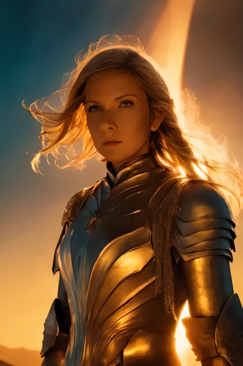 Galadriel, inspired by the series "The Rings of Power", (((L4L4 face))), in a majestic pose at the center of the scene , wearing shimmering armor and elven details, with its blond hair flowing under a golden light . The background shows an epic landsca...