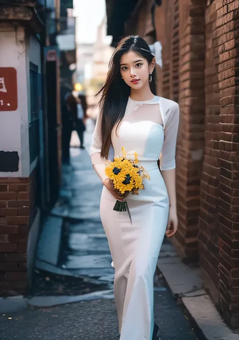 Beautiful 25 year old  woman。She is wearing a summer Myanmar wedding dress. She is walking and her legs crossed and one leg is visible. She is shying and smiling on illuminated by the evening church lights . her black hair. High resolution、masterpiece、high...