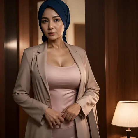 50 years Old, Hijab Indonesian mature woman, Big  : 188.9, doctor suit,, Breast about To burst out from her clothes, at doctor office, Dark light, at Nighttime.