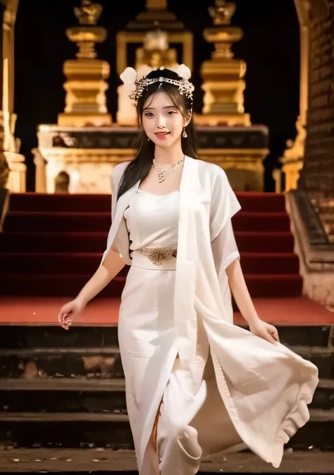 beautiful 25 year old  woman。she is wearing a summer myanmar wedding dress. she is walking and her legs crossed and one leg is v...