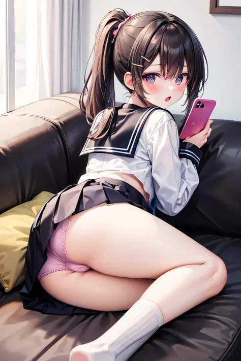 1girl absurdres ass bag black_sailor_collar black_skirt blush brown_hair brown_shirt cellphone couch from_behind hair_ornament hairclip highres holding holding_phone instagram kohinata_hoshimi leg_up long_sleeves looking_at_viewer looking_back lying non-we...