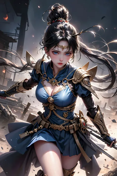 This image is high quality, high resolution, and blends elements of real photography and dark fantasy to create the perfect hyper-realistic photography. It details an action scene of a beautiful Japanese woman in her early twenties, wearing a costume that ...