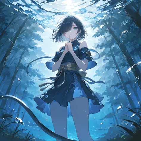  Masterpiece, high quality, high resolution, 16K, super detailed background, anime, illustration by Makoto Shinkai, digital painting, kunoichi girl, full body, hands standing together in front of chest, index and middle fingers together, manipulating water...