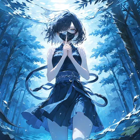 masterpiece, high quality, high resolution, 16K, super detailed background, anime, Makoto Shinkai illustration, digital painting, kunoichi girl, full body, hands standing together in front of chest, index and middle fingers up, manipulating water, water dr...