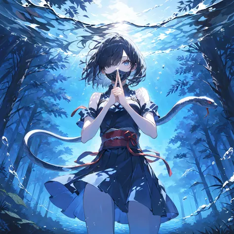 masterpiece, high quality, high resolution, 16K, super detailed background, anime, Makoto Shinkai illustration, digital painting, kunoichi girl, full body, hands standing together in front of chest, index and middle fingers up, manipulating water, water dr...