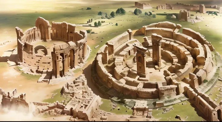 arafed image of a model of a roman city with a circular structure, giant tomb structures, ancient alien tools and houses, megalithic buildings, megalithic, ancient persian city, ancient yet futuristic, huge and megalithic, historical artistic depiction, ru...