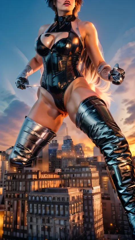 A giant female wearing a shiny leotard and womens long boots is turning her belly,  male genitals wrapped in leotards, Transgender , Trends Of Friends Glitter Body Thong for men，(((Female)))，giant, highly detailed giant shot, hot fire giant, giant art, gia...