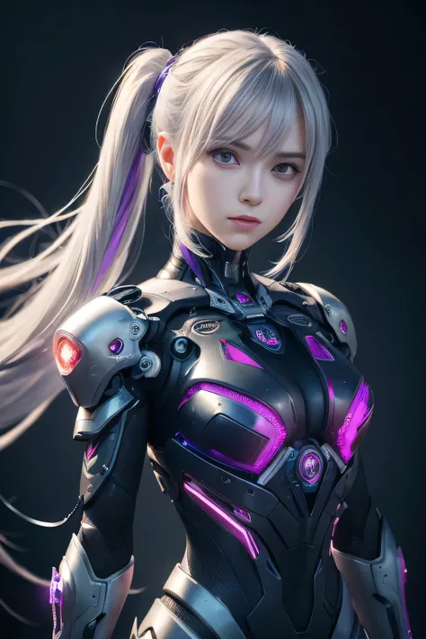 masterpiece, best quality, illustration, beautiful detailed eyes, colorful background, mechanical prosthesis, mecha coverage, emerging dark purple across with white hair, pig tails, disheveled hair, fluorescent purple, cool movement, rose red eyes, beatifu...