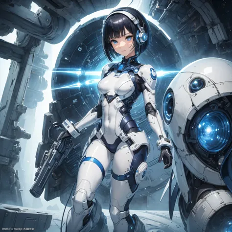 (masterpiece、 best quality、 highest resolution、Clear_image、Detailed details): (Whole body、A 20 year old girl、Japanese Faces、 small face、 slender、 dark blue super short bob cut hair、(Hidden small breasts:1.3)、 Sparkling Blue Eyes 、Shiny pilot suit in white,...