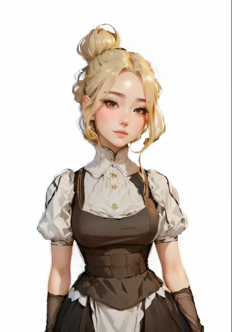 A beautiful anime girl with long flowing hair in a chignon hairstyle, wearing a maid-style dress, (best quality,4k,8k,highres,masterpiece:1.2),ultra-detailed,(realistic,photorealistic,photo-realistic:1.37),extremely detailed eyes and face,longeyelashes,int...