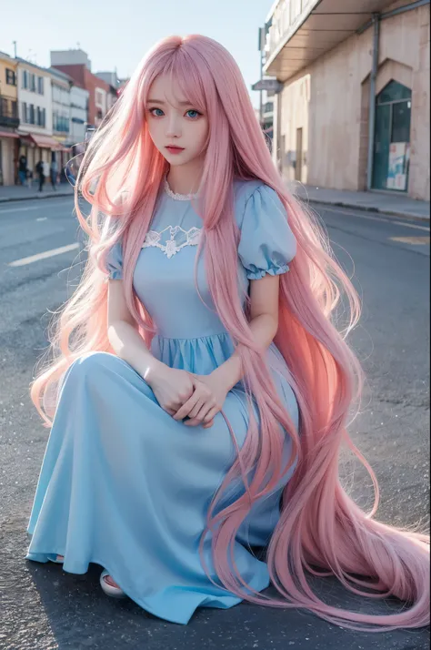 Anime manhwa style, girl, long pink hair and blue eyes, cute and innocent face, full body, period blue dress like a princess.