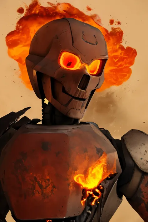 An old robot, scuff ,  rust ,  brown body ,  Body covered in fire , The head looks remotely like a skull from which flames come, 