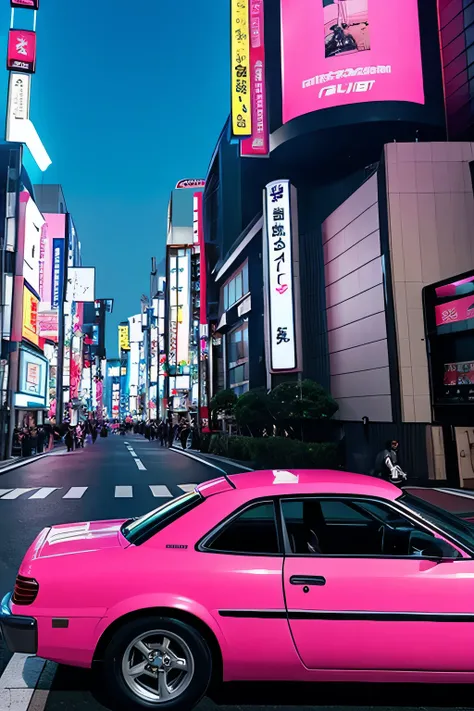 Movie poster set in Tokyo with NO people with pink car in the middle