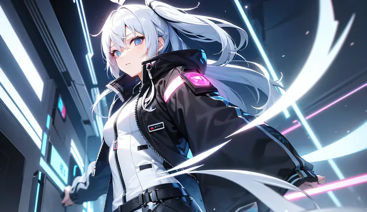 anime girl with white hair, cyberpunk, neon heart, winter