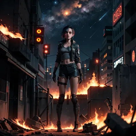 A bladerunner vision in the eye of a woman. Fire and stars and post apocalyptic dark city.