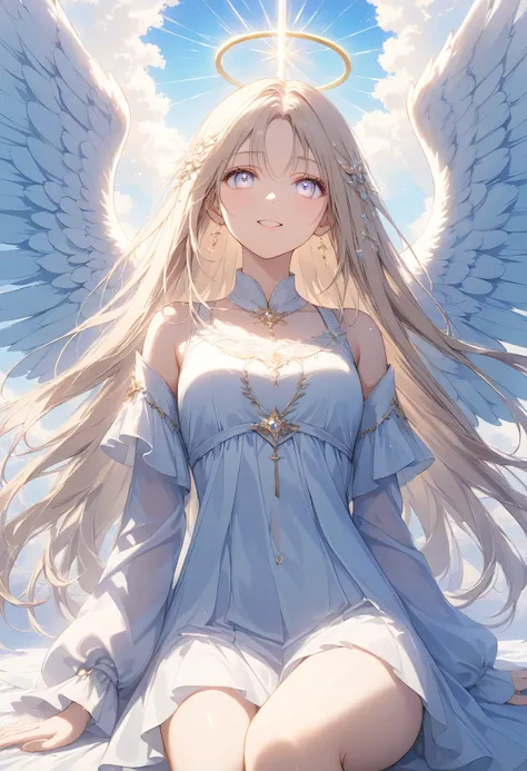 Masterpiece, High Quality, High Resolution, 16k, Animated, Detailed Background, Hyperrealistic, Digital Paint, Fantasy, angel girl, shiny long hair, angel ring, white eyes, long eyelashes, clean skin, clean legs, sitting, light coming from behind , happy ...