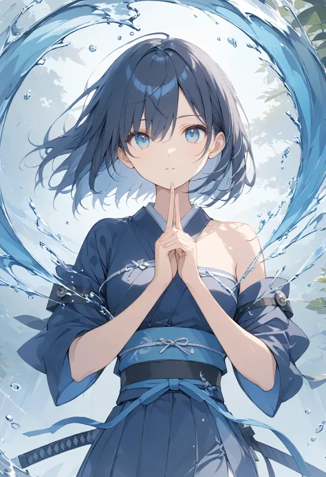  masterpiece, high quality, high resolution, 16K, super detailed background, anime, Makoto Shinkai illustration, digital painting, kunoichi girl, hands standing together in front of chest, index and middle fingers together, manipulating water, swirling, wa...